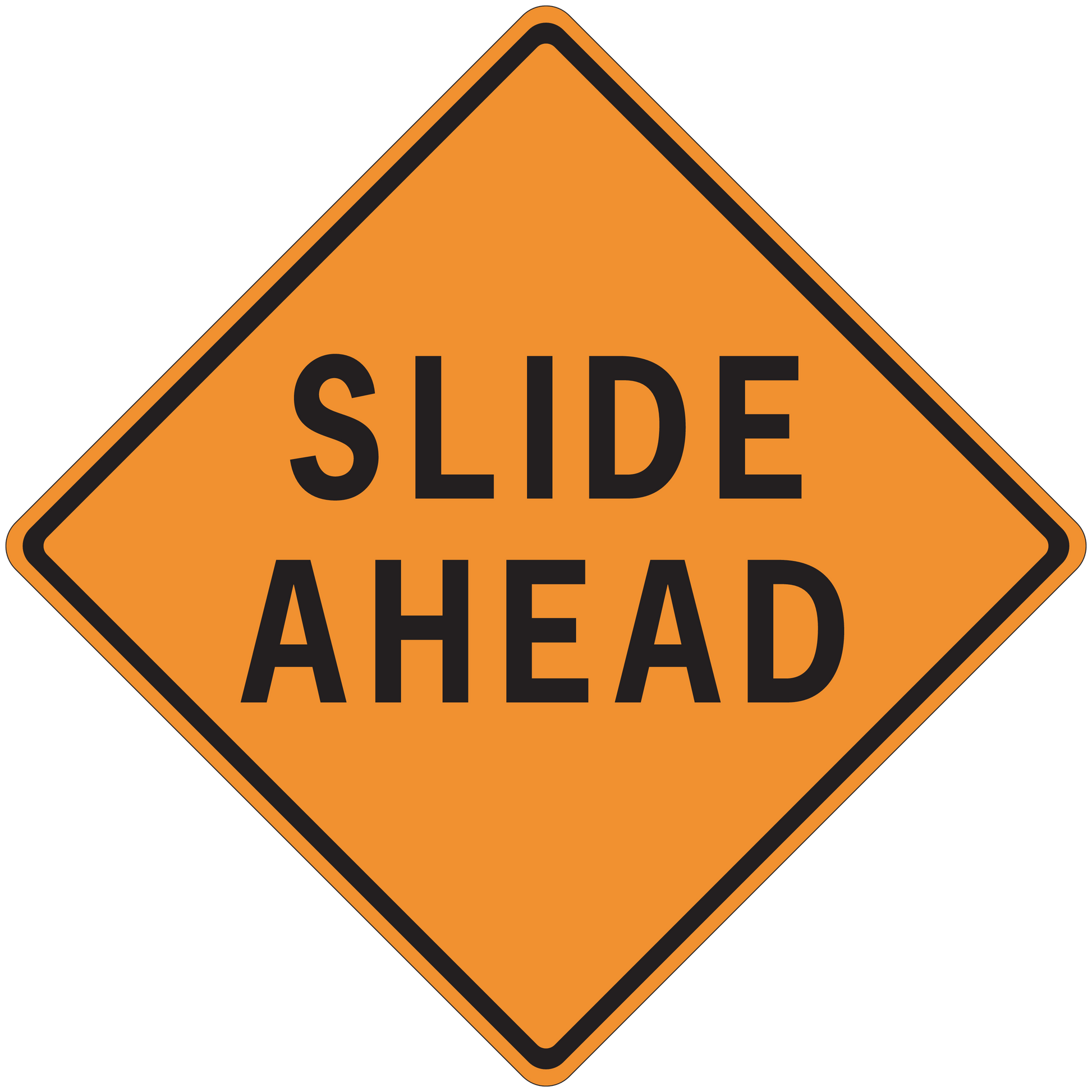 Road sign sticker with orange diamond reading 'SLIDE AHEAD'