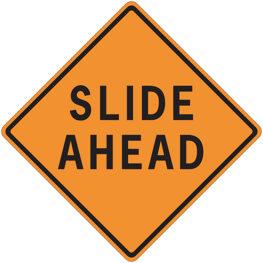 Road sign sticker with orange diamond reading 'SLIDE AHEAD'