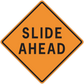 Road sign sticker with orange diamond reading 'SLIDE AHEAD'