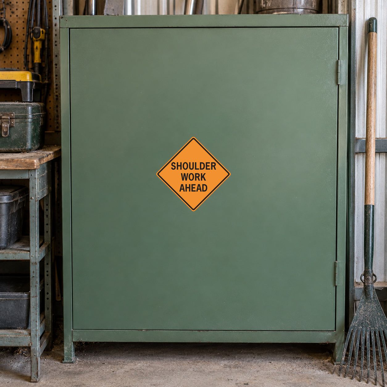 Road Sign Sticker applied in A road shoulder maintenance workshop, smooth dusty green steel cabinet door, rake extreme right
