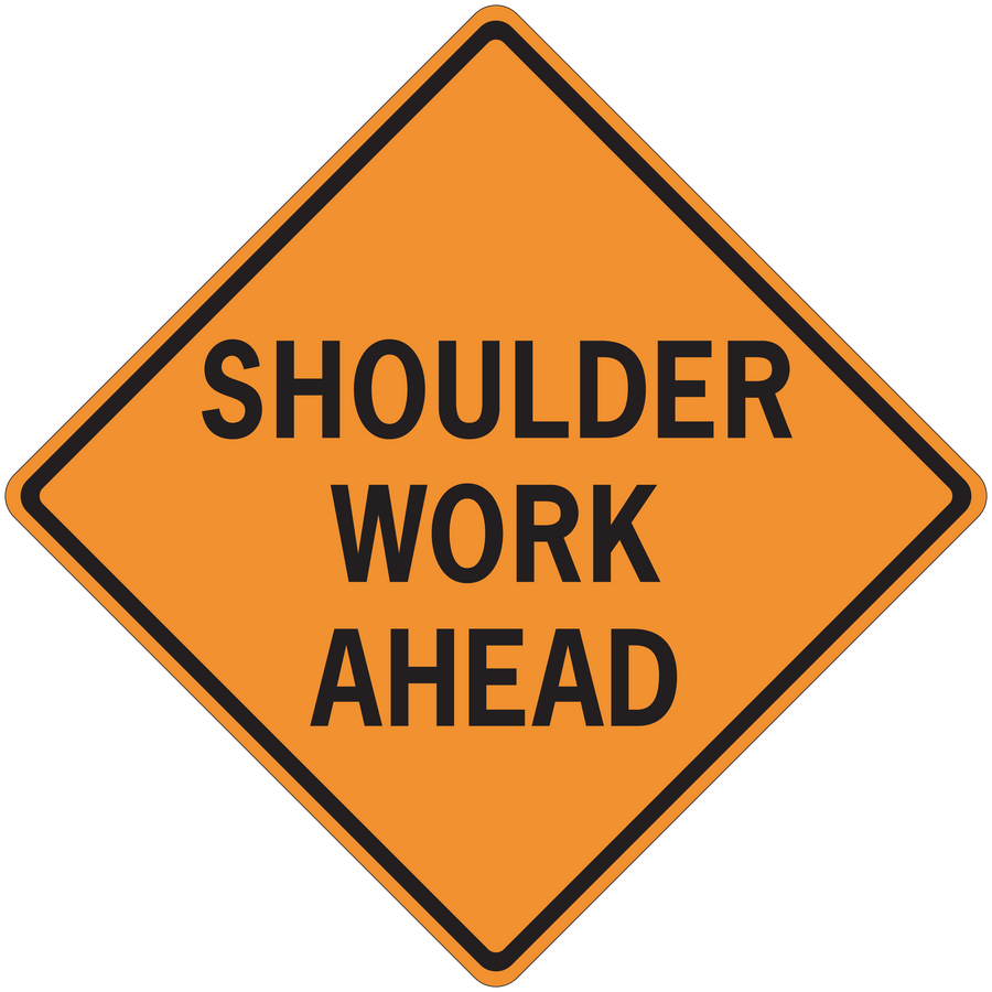Orange road sign sticker, black border, text 'SHOULDER WORK AHEAD'