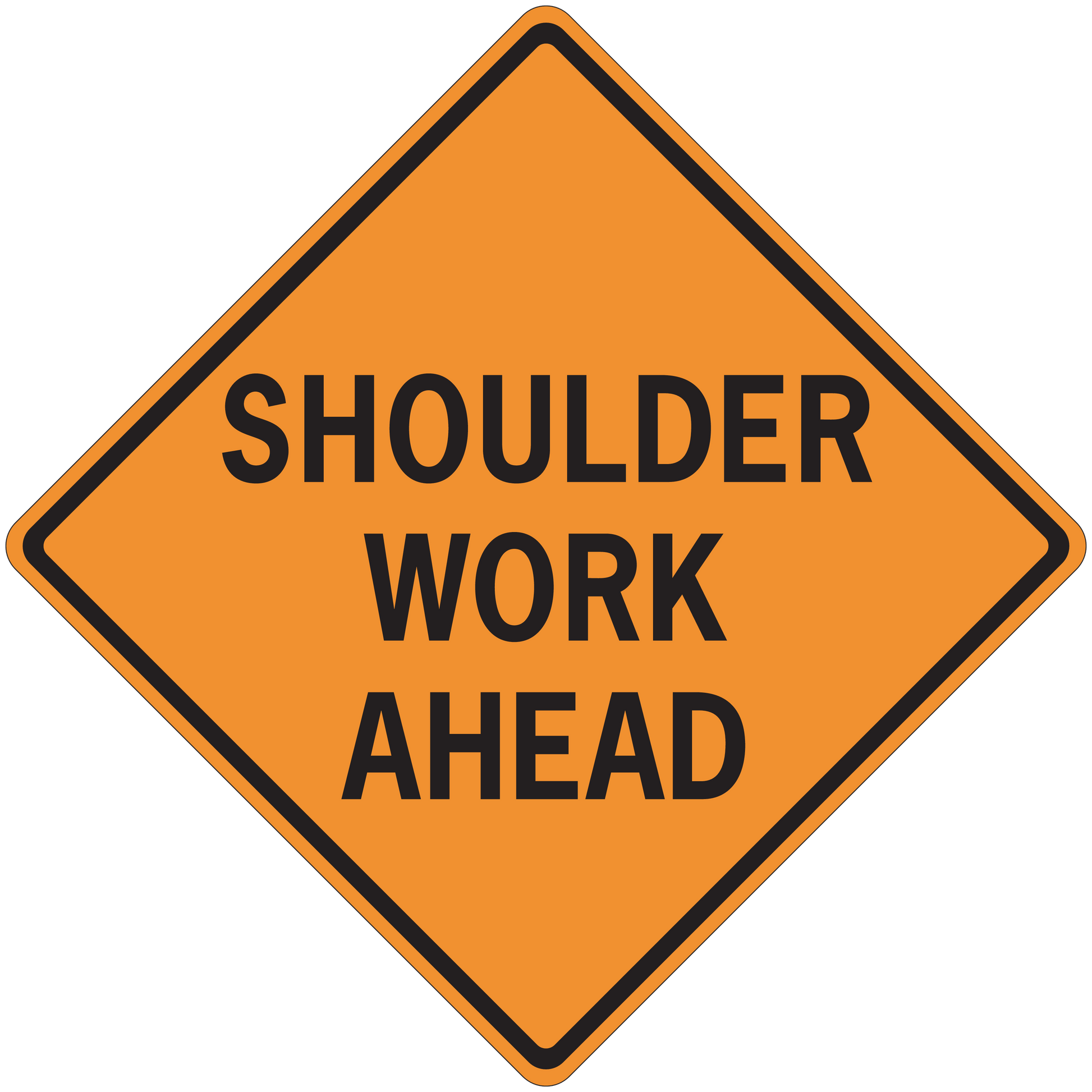 Orange road sign sticker, black border, text 'SHOULDER WORK AHEAD'