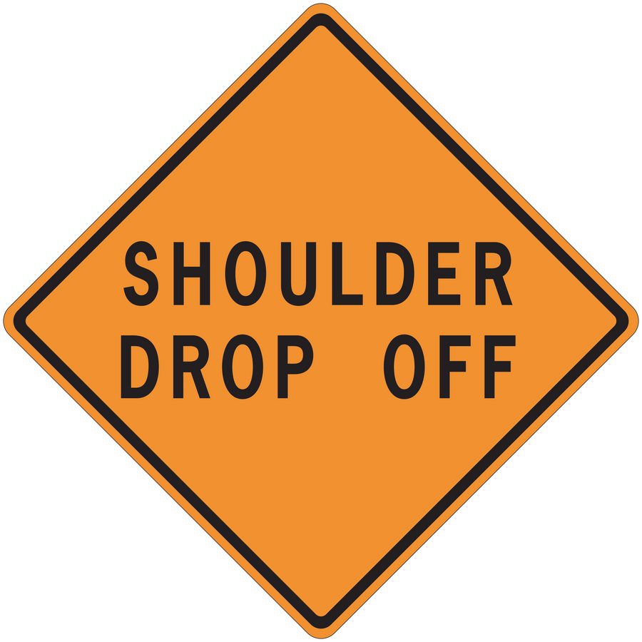 Orange diamond road sign sticker with black border and text 'SHOULDER DROP OFF'
