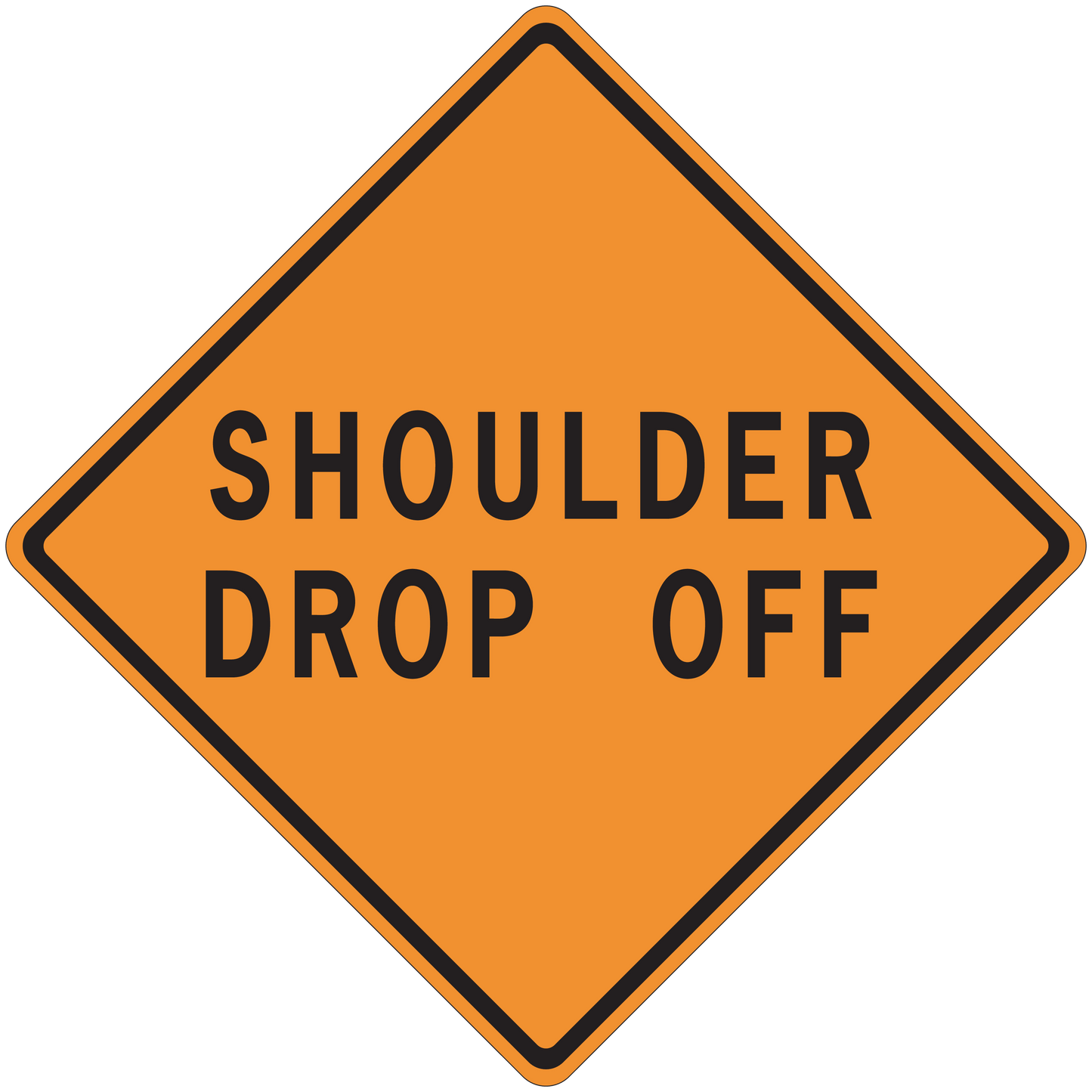 Orange diamond road sign sticker with black border and text 'SHOULDER DROP OFF'