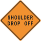 Orange diamond road sign sticker with black border and text 'SHOULDER DROP OFF'
