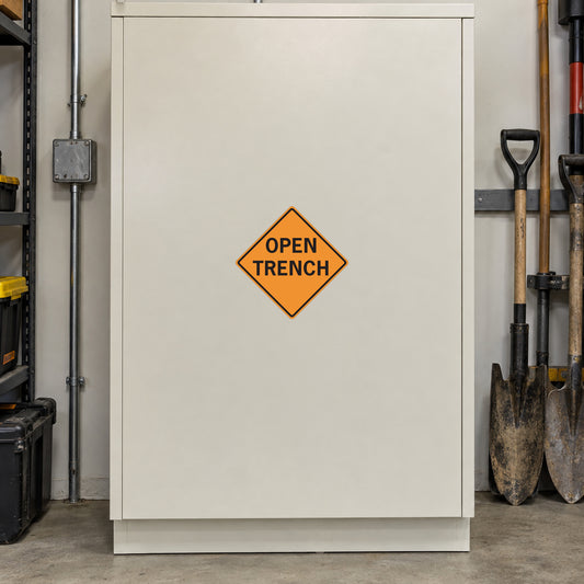 Road sign sticker: orange diamond 'OPEN TRENCH'