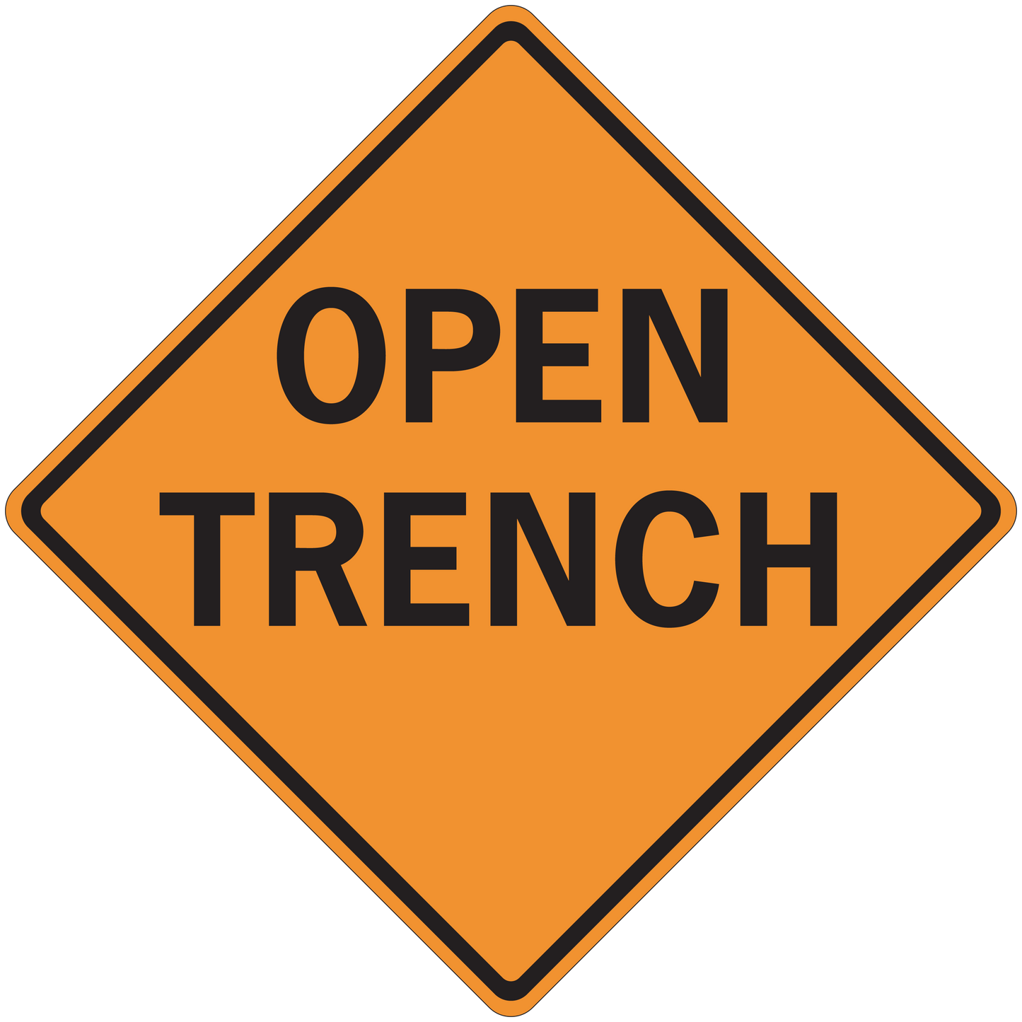Road sign sticker with orange diamond and black border reading "OPEN TRENCH"