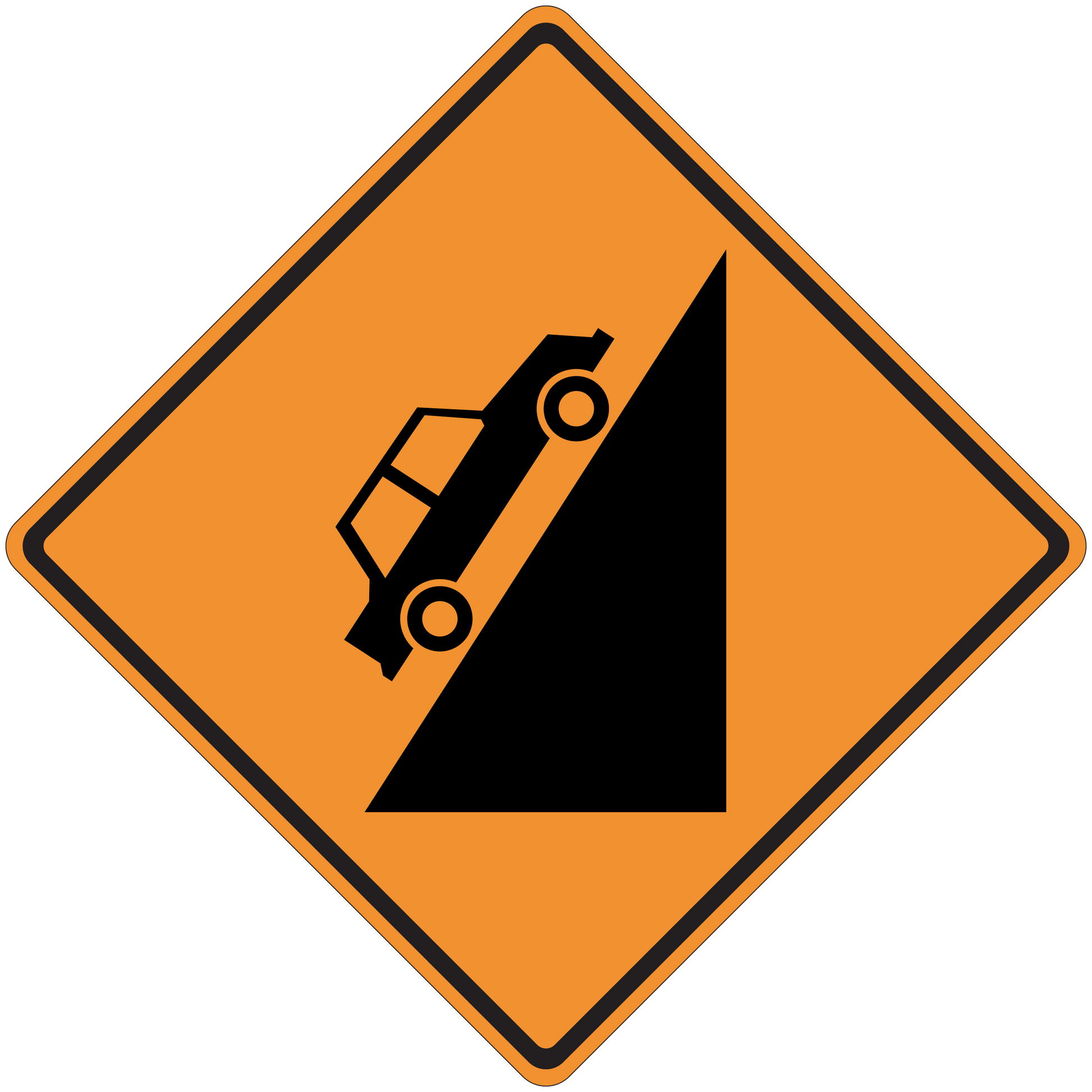 Orange road sign sticker: black border diamond with barrier and warning icon