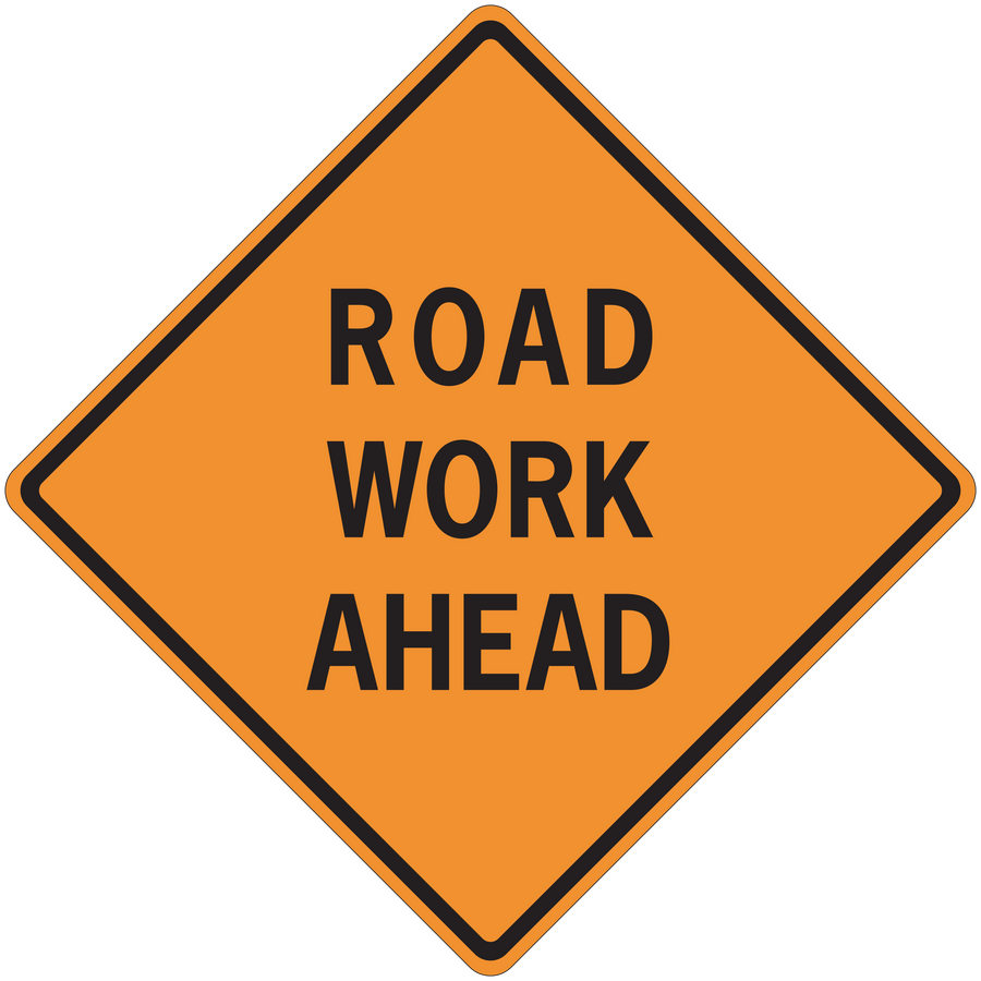 Road work ahead road sign sticker, orange diamond with black border and text