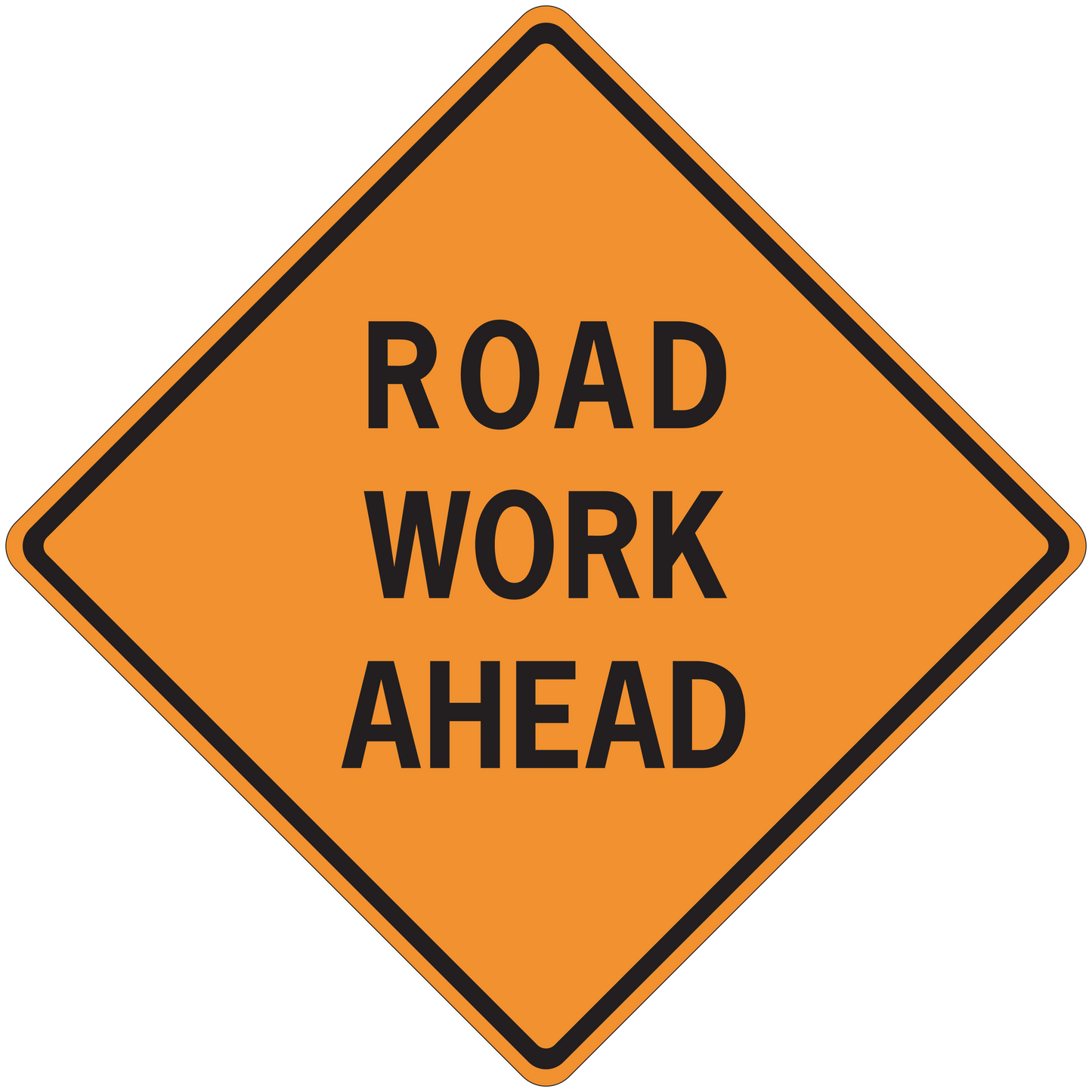 Road work ahead road sign sticker, orange diamond with black border and text