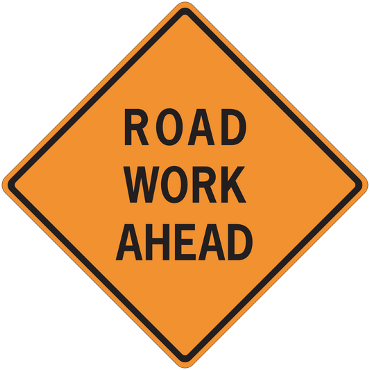 Road work ahead road sign sticker, orange diamond with black border and text