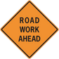 Road work ahead road sign sticker, orange diamond with black border and text