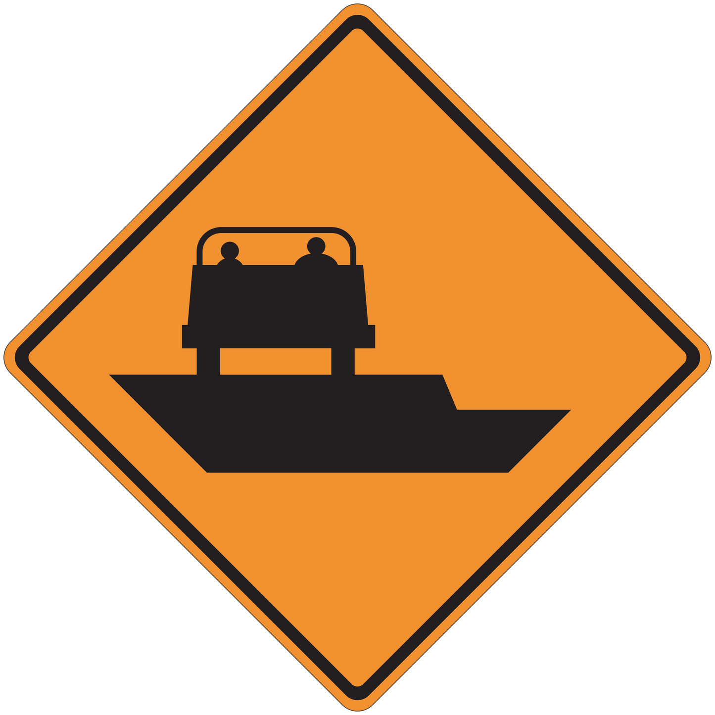 Orange road sign sticker with black roadwork/maintenance symbol and barriers