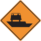 Orange road sign sticker with black roadwork/maintenance symbol and barriers