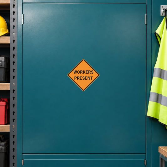 Orange diamond road sign sticker reading WORKERS PRESENT