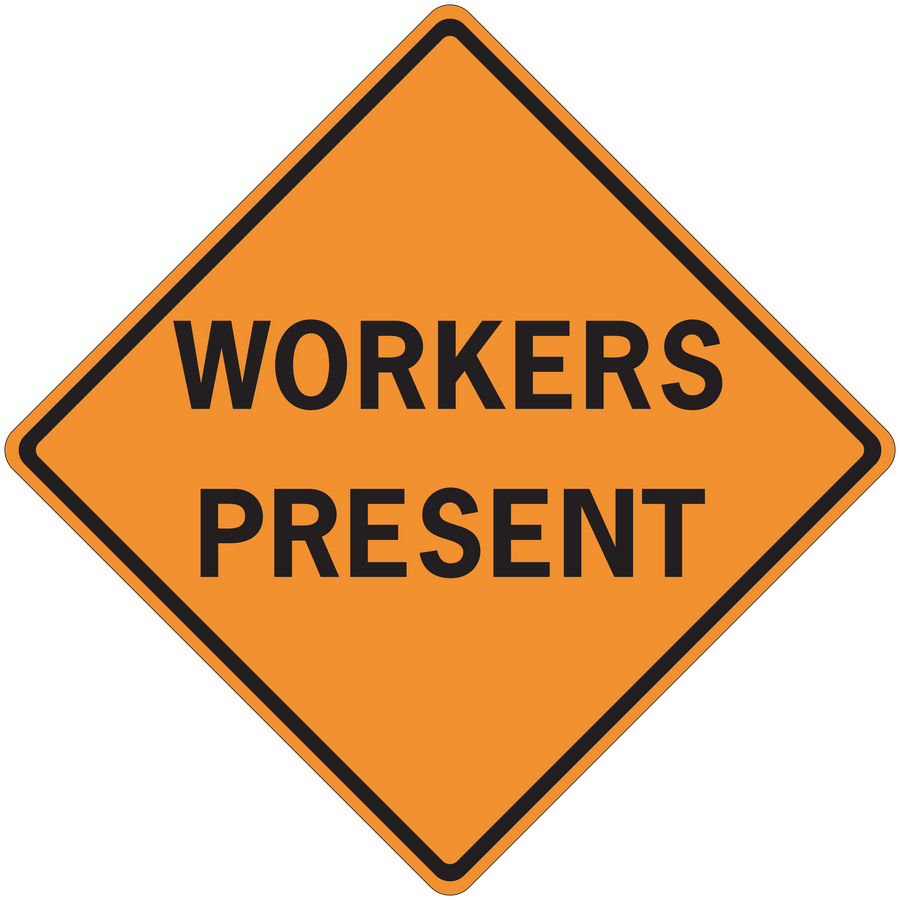 Road sign sticker: orange diamond with black border and 'WORKERS PRESENT' text
