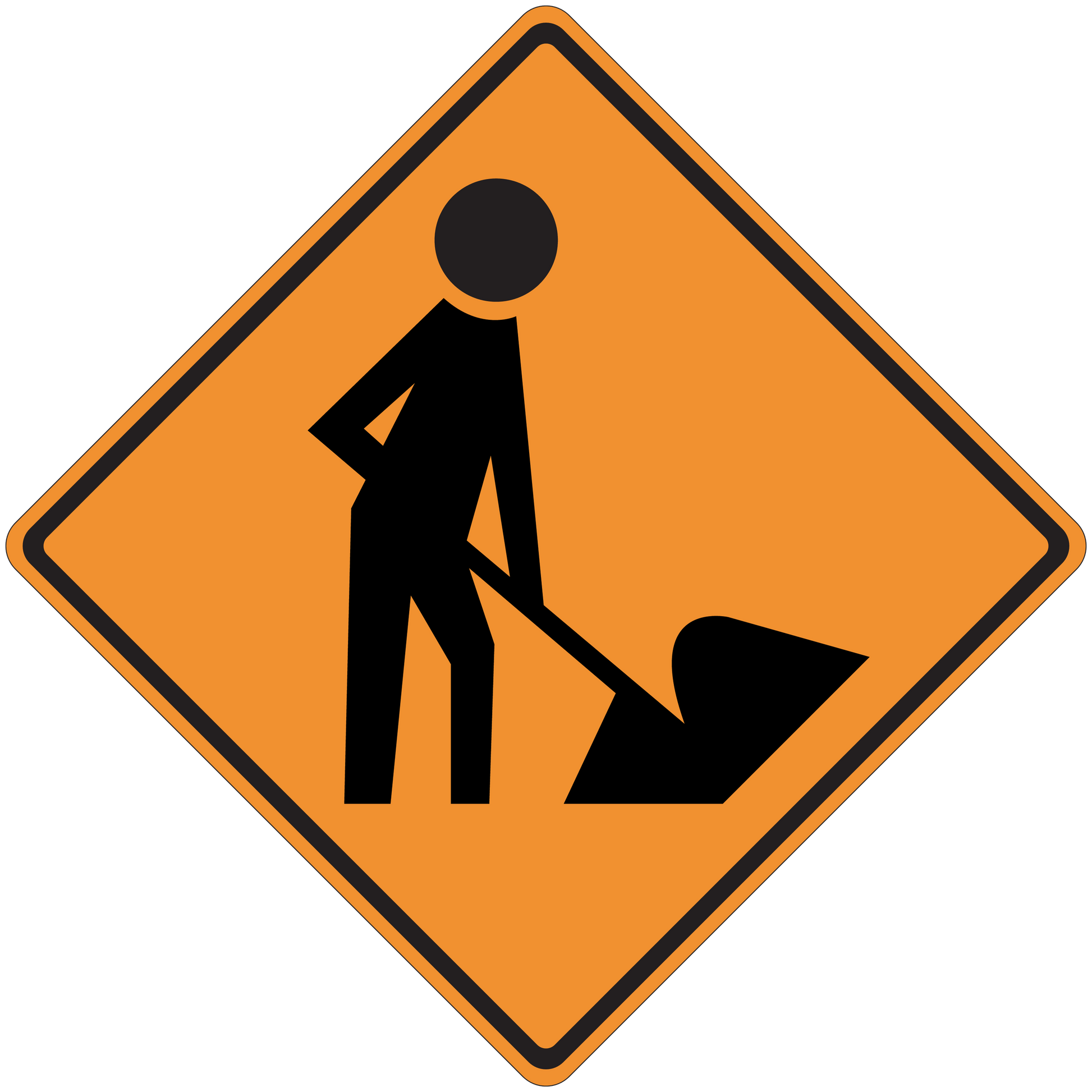 Road sign sticker with orange diamond and black construction worker holding a shovel