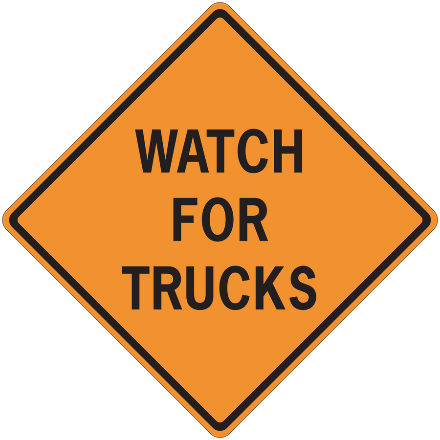Orange road sign warning sticker with black border reading “WATCH FOR TRUCKS”