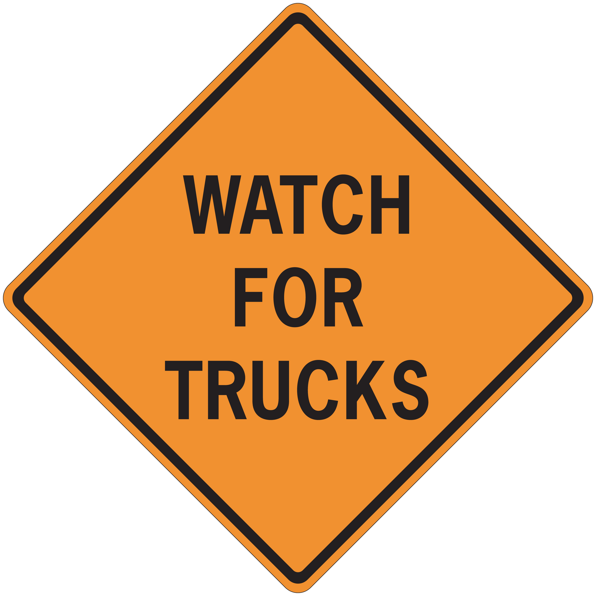 Orange road sign warning sticker with black border reading “WATCH FOR TRUCKS”