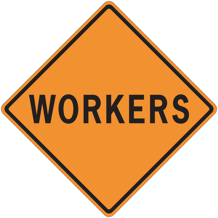 Orange road workers warning sign sticker with black diamond border and WORKERS text