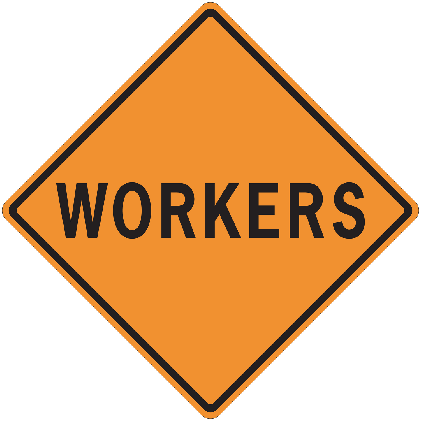 Orange road workers warning sign sticker with black diamond border and WORKERS text
