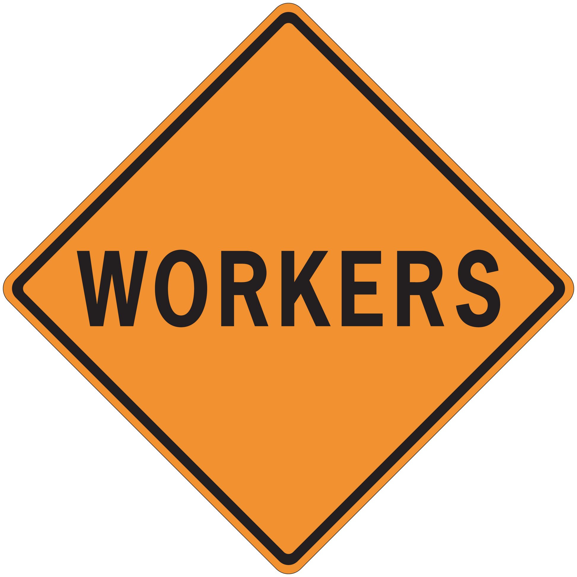 Orange road workers warning sign sticker with black diamond border and WORKERS text