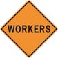 Orange road workers warning sign sticker with black diamond border and WORKERS text