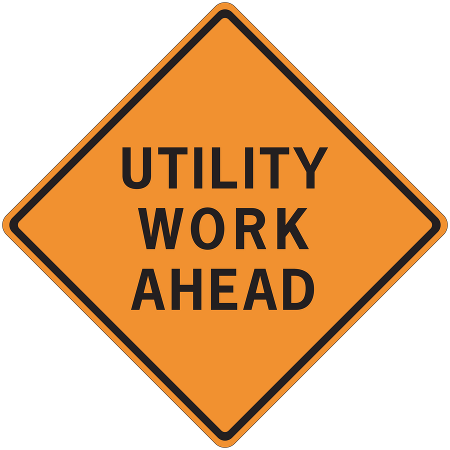 Orange road sign sticker with black border and text "UTILITY WORK AHEAD"
