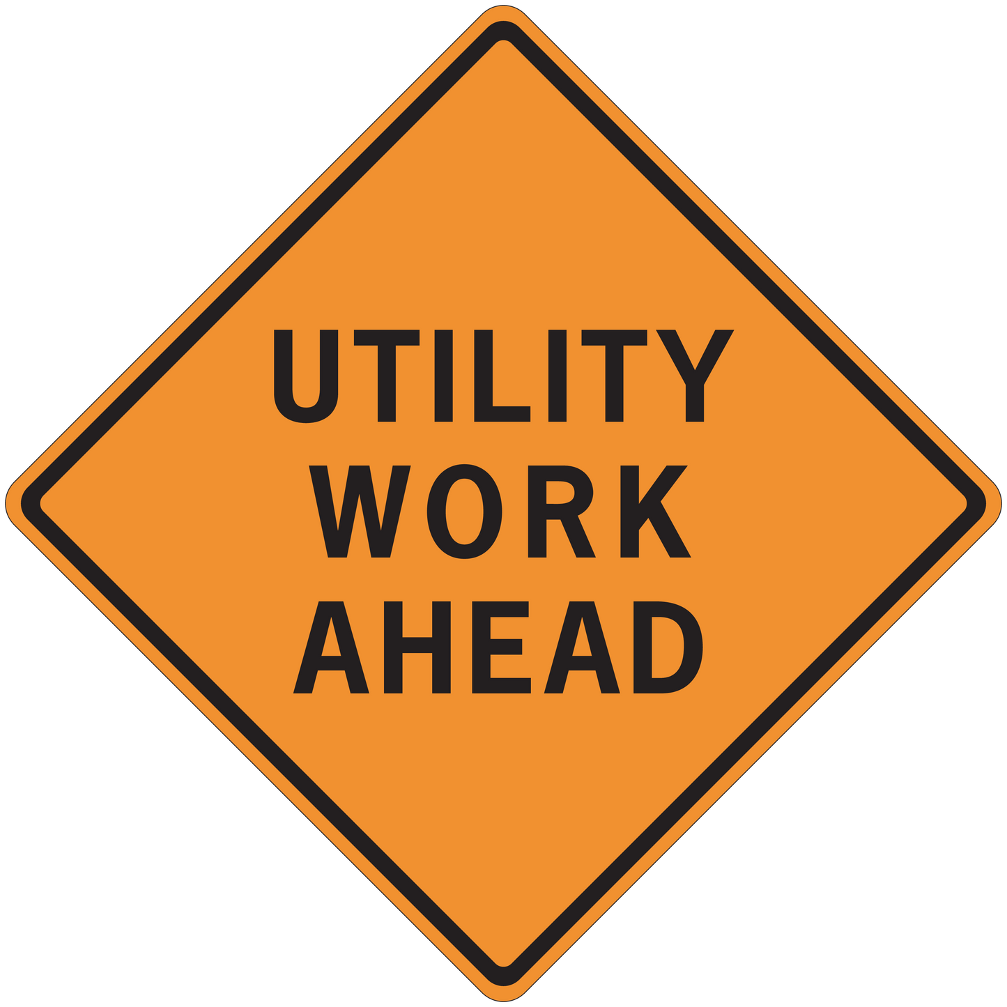 Orange road sign sticker with black border and text "UTILITY WORK AHEAD"