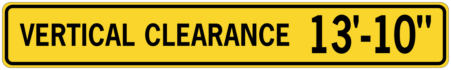 Yellow road sign sticker with black border: VERTICAL CLEARANCE 13-10'