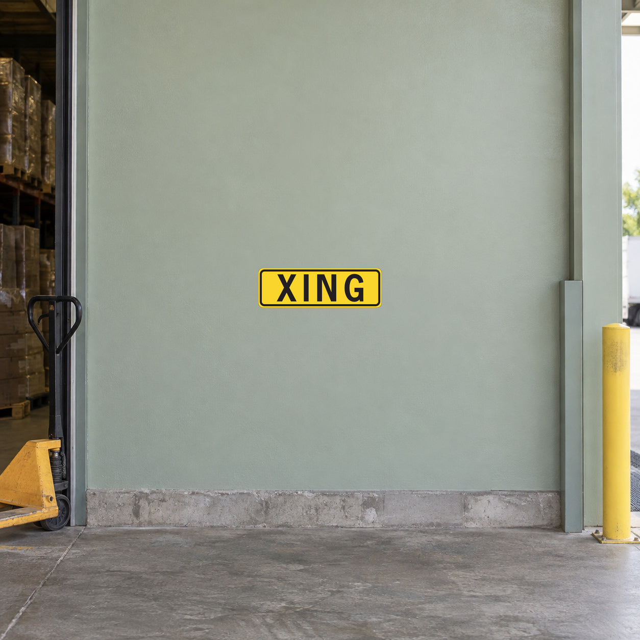 Road sign sticker: yellow-bordered sign with black XING lettering