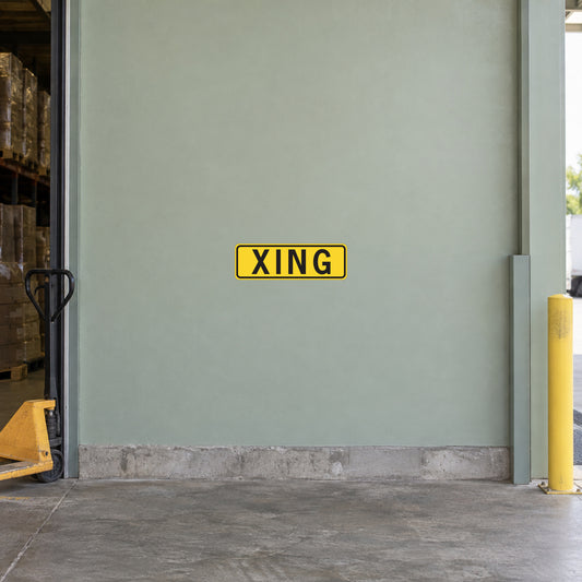 Road sign sticker: yellow-bordered sign with black XING lettering