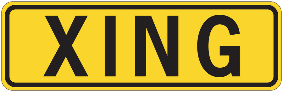 Yellow road sign sticker with black 'XING' lettering