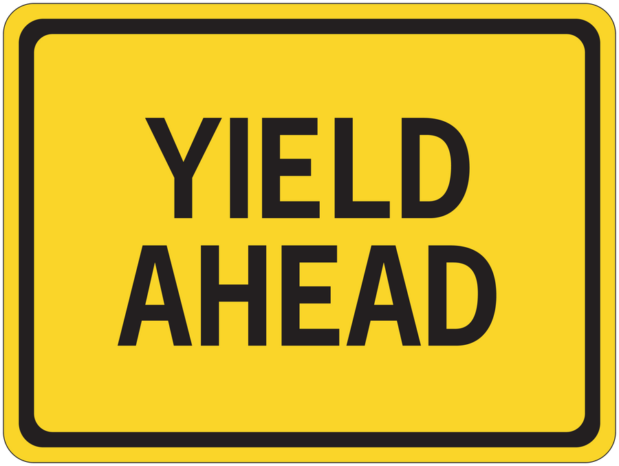 Yellow road sign sticker reading "YIELD AHEAD" with black border