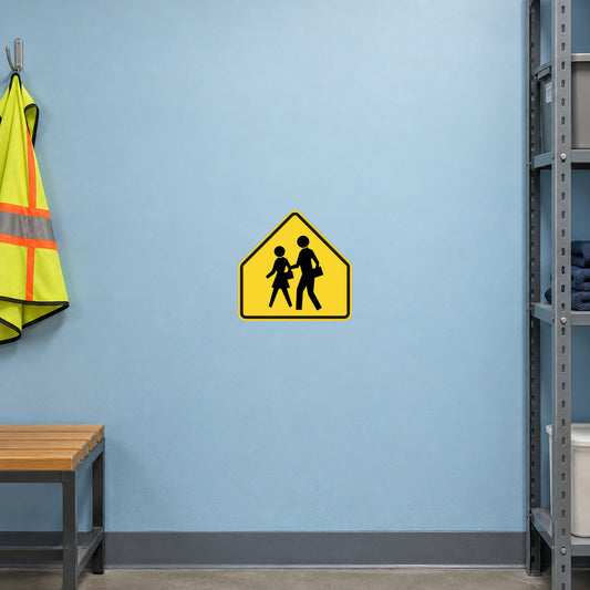 Road sign sticker: yellow pedestrian crossing warning sign with two walking figures
