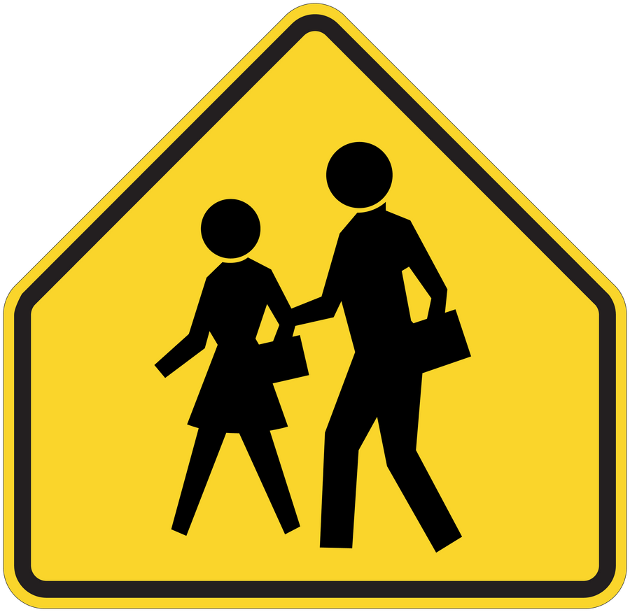 Pedestrian warning road sign sticker, yellow shield with black walking figures