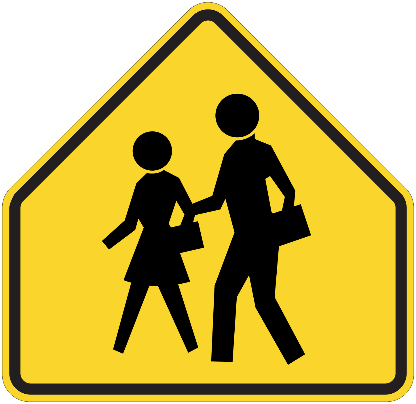 Pedestrian warning road sign sticker, yellow shield with black walking figures