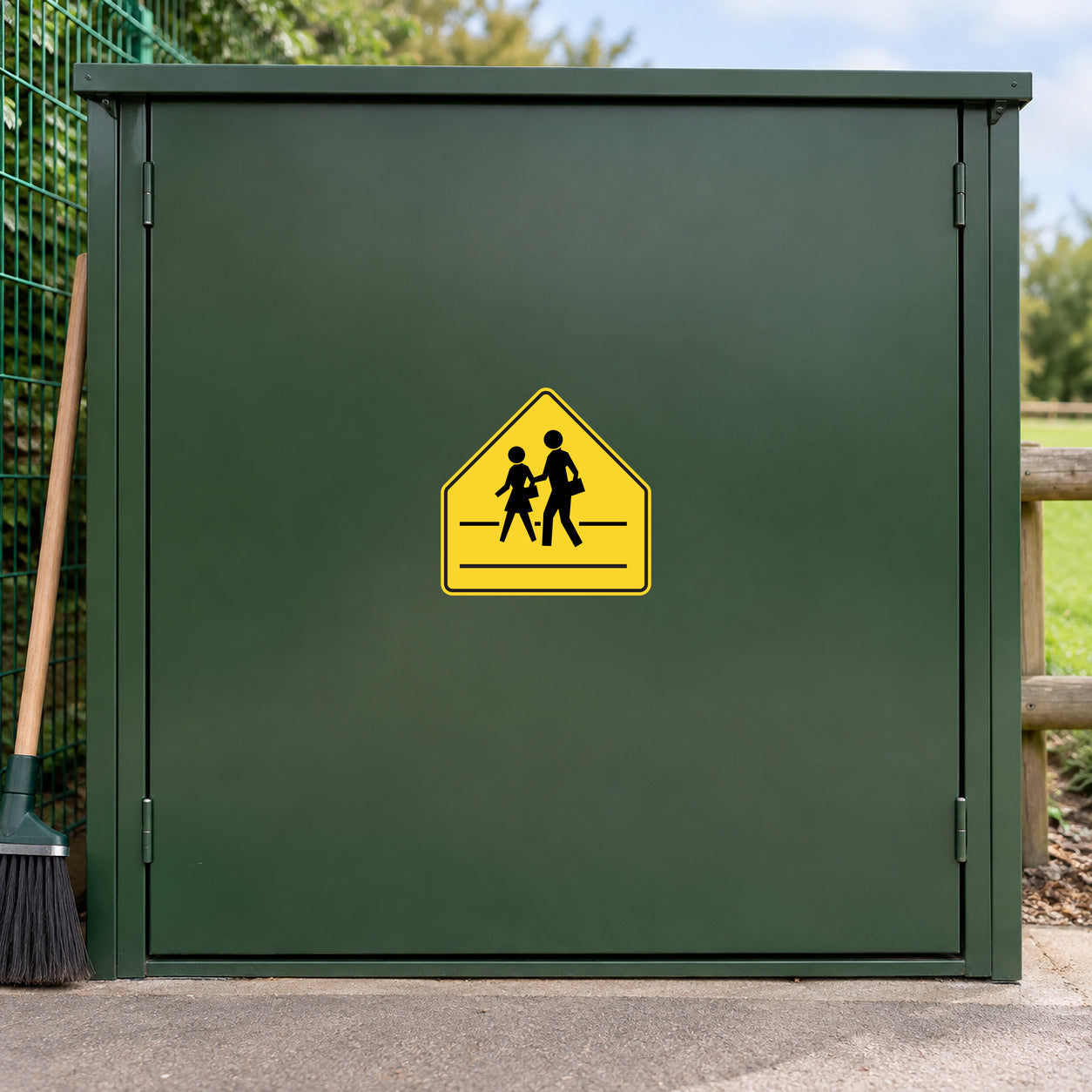 Road sign sticker with yellow pedestrians crossing warning icon