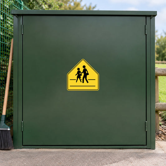 Road sign sticker with yellow pedestrians crossing warning icon