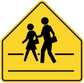 Yellow school zone road sign sticker with two walking kids silhouettes