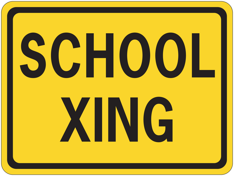 Yellow school crossing road sign sticker with black border and bold black text