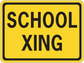 Yellow school crossing road sign sticker with black border and bold black text