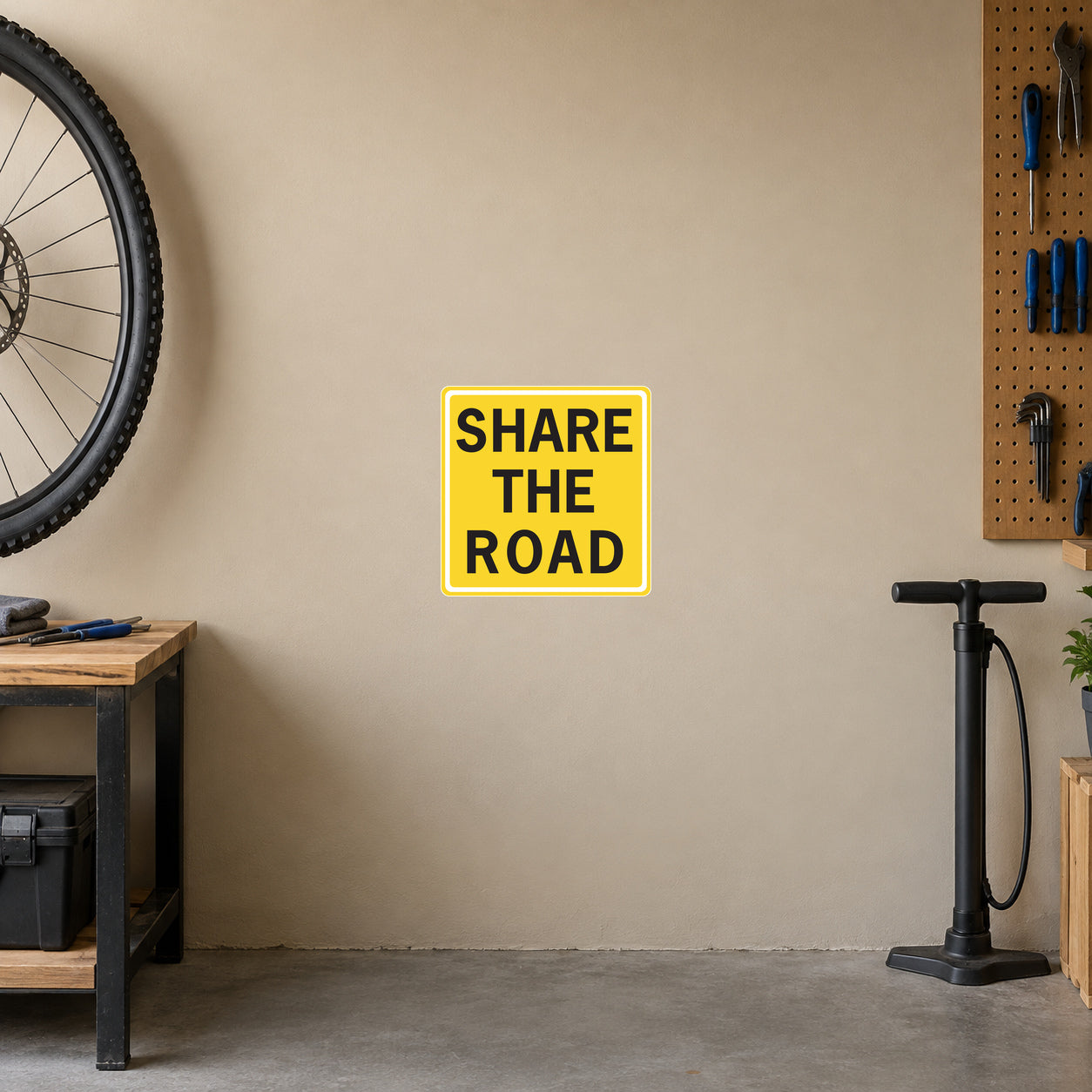 Yellow road sign sticker with "SHARE THE ROAD" text