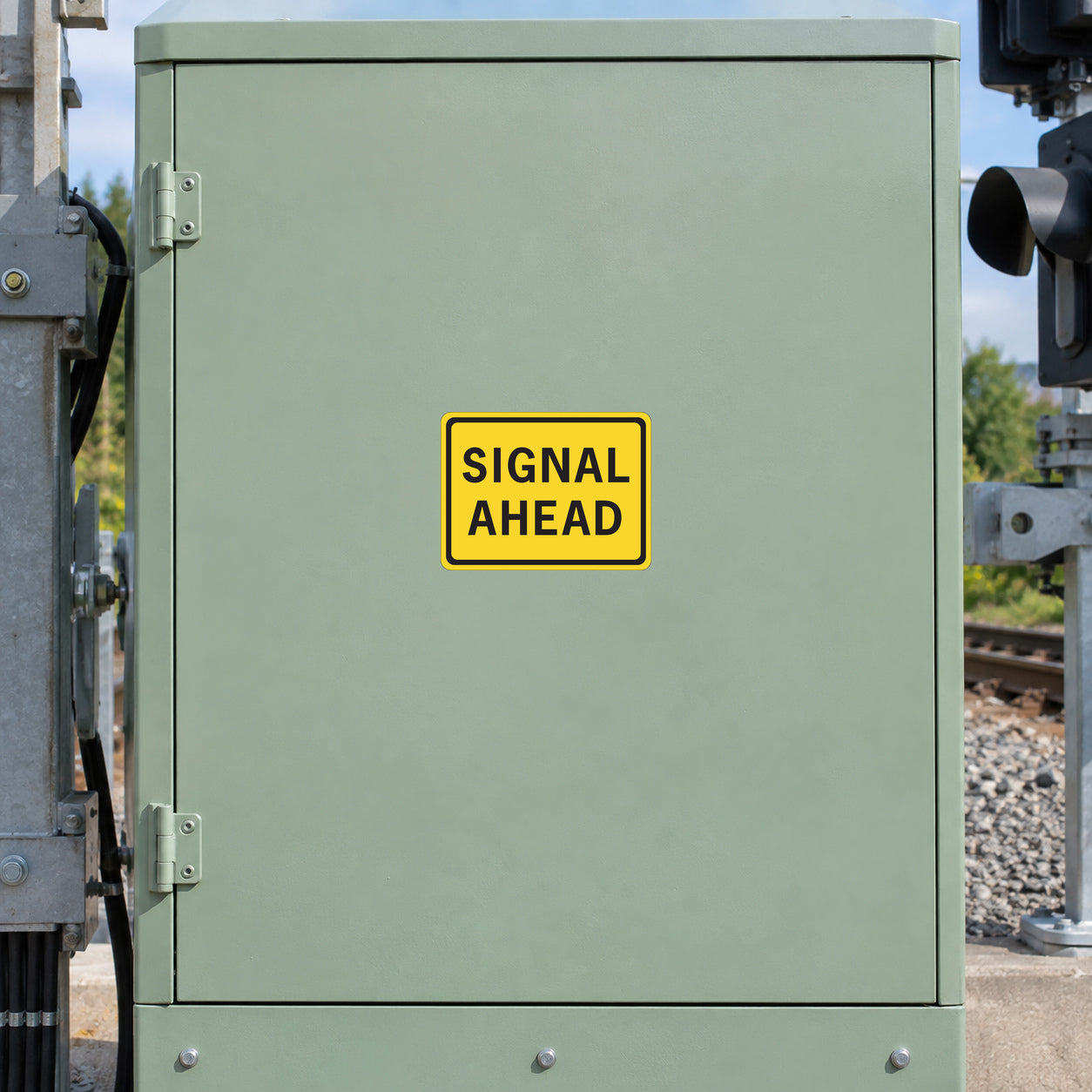 Road Sign Sticker applied in a smooth light green depot cabinet door beside signal maintenance equipment at extreme edges
