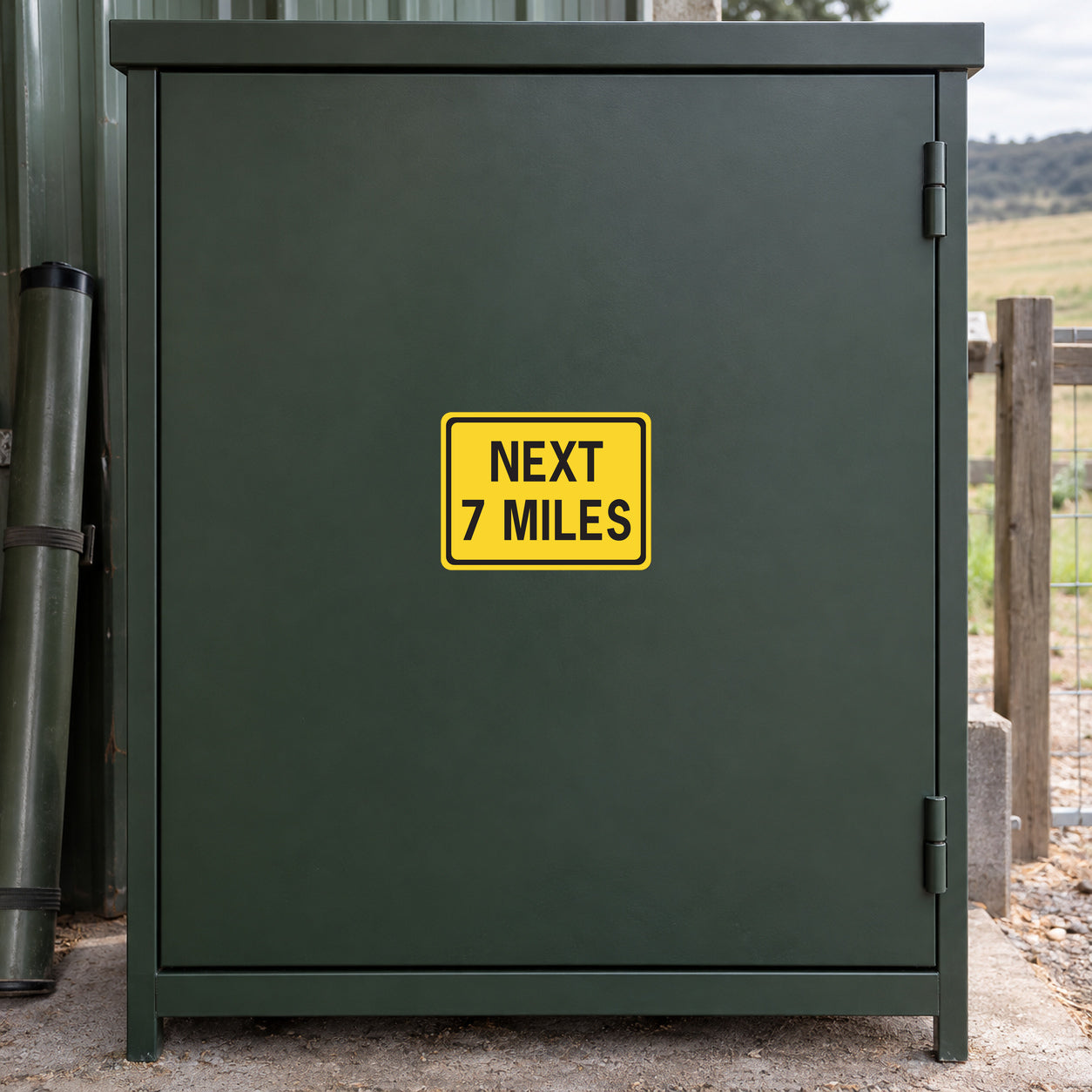 Road Sign Sticker applied in a smooth charcoal green single maintenance cupboard in rural depot with map tube far left