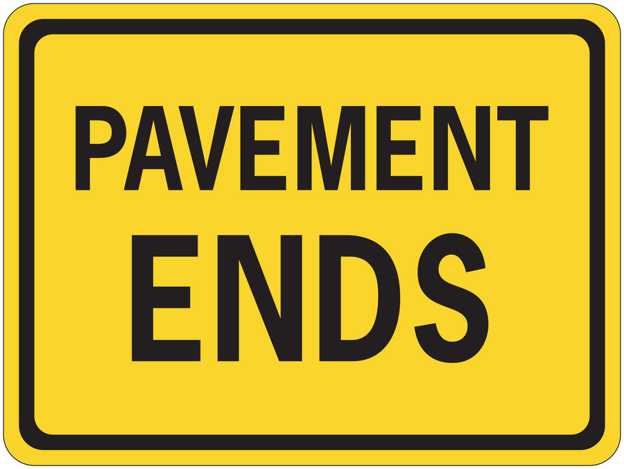 Road sign sticker with yellow background and black border reading "PAVEMENT ENDS"