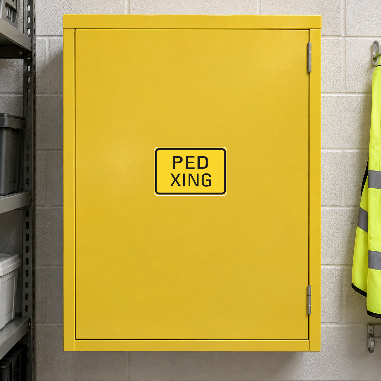 Yellow pedestrian crossing road sign sticker with "PED XING" text