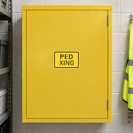 Yellow pedestrian crossing road sign sticker with "PED XING" text