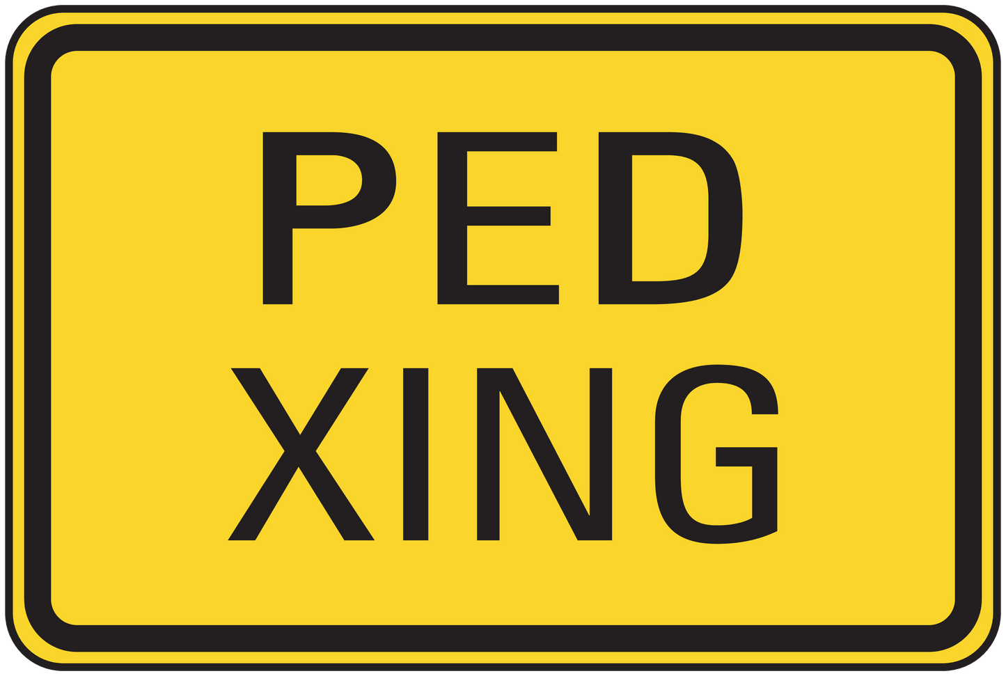 Road sign sticker showing black "PED XING" text on yellow with black border