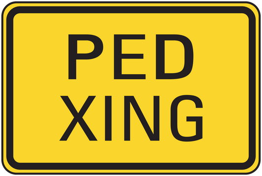 Road sign sticker showing black "PED XING" text on yellow with black border